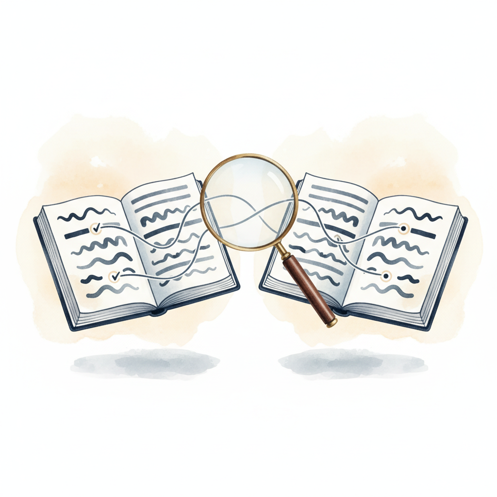 Watercolour illustration of bank statement and accounting book being compared