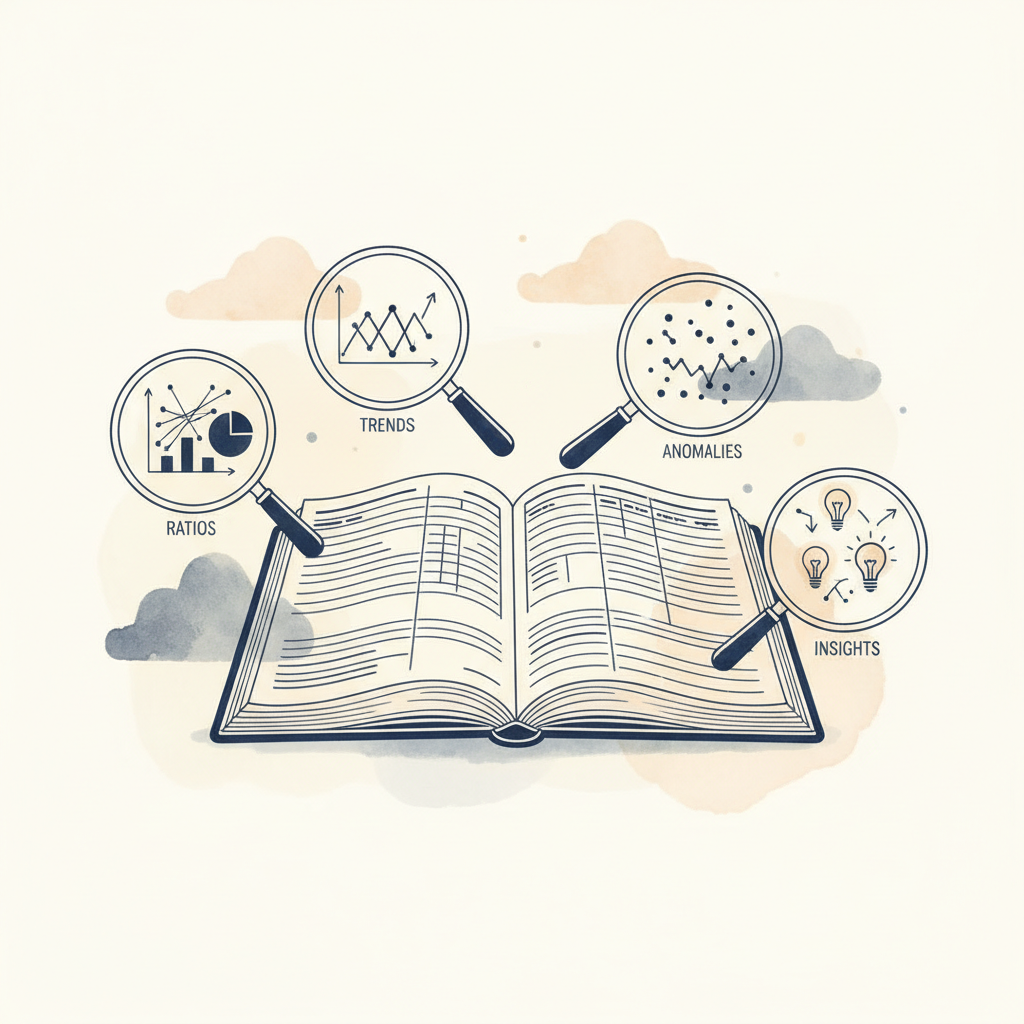 Watercolour illustration of general ledger being analyzed through multiple lenses