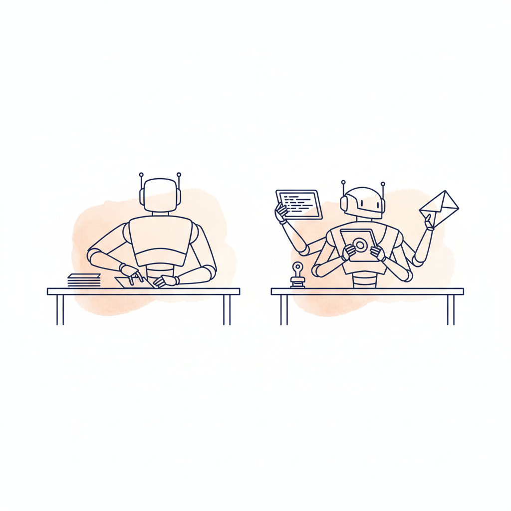 Watercolour illustration of two robots at desks comparing simple and multi-arm bookkeeping approaches
