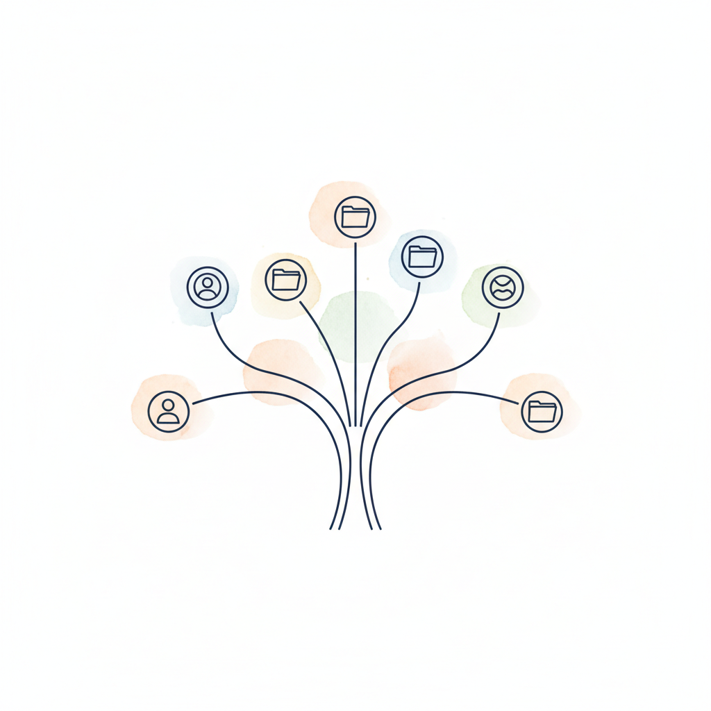 Watercolour illustration of a tree diagram with branching folders and colour-coded account categories