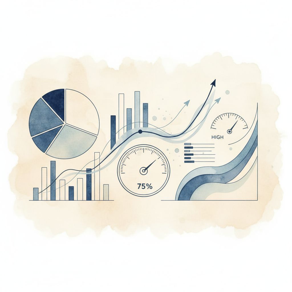 Watercolour illustration of financial charts, ratios, and analytical dashboards