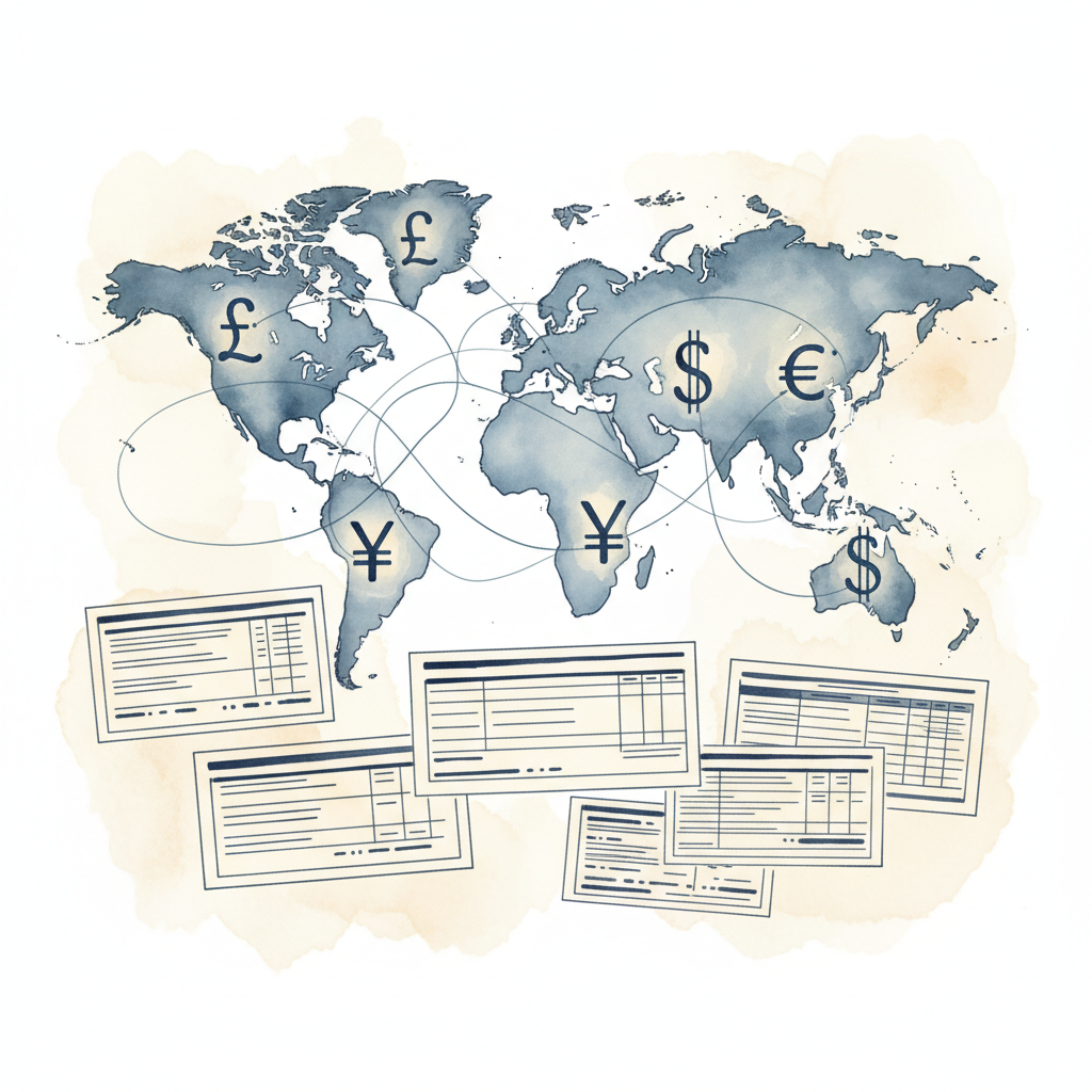 Watercolour illustration of multi-currency transactions and exchange rates