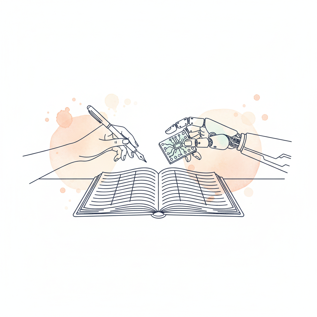 Watercolour illustration of a human hand and robot hand reaching toward an accounting ledger