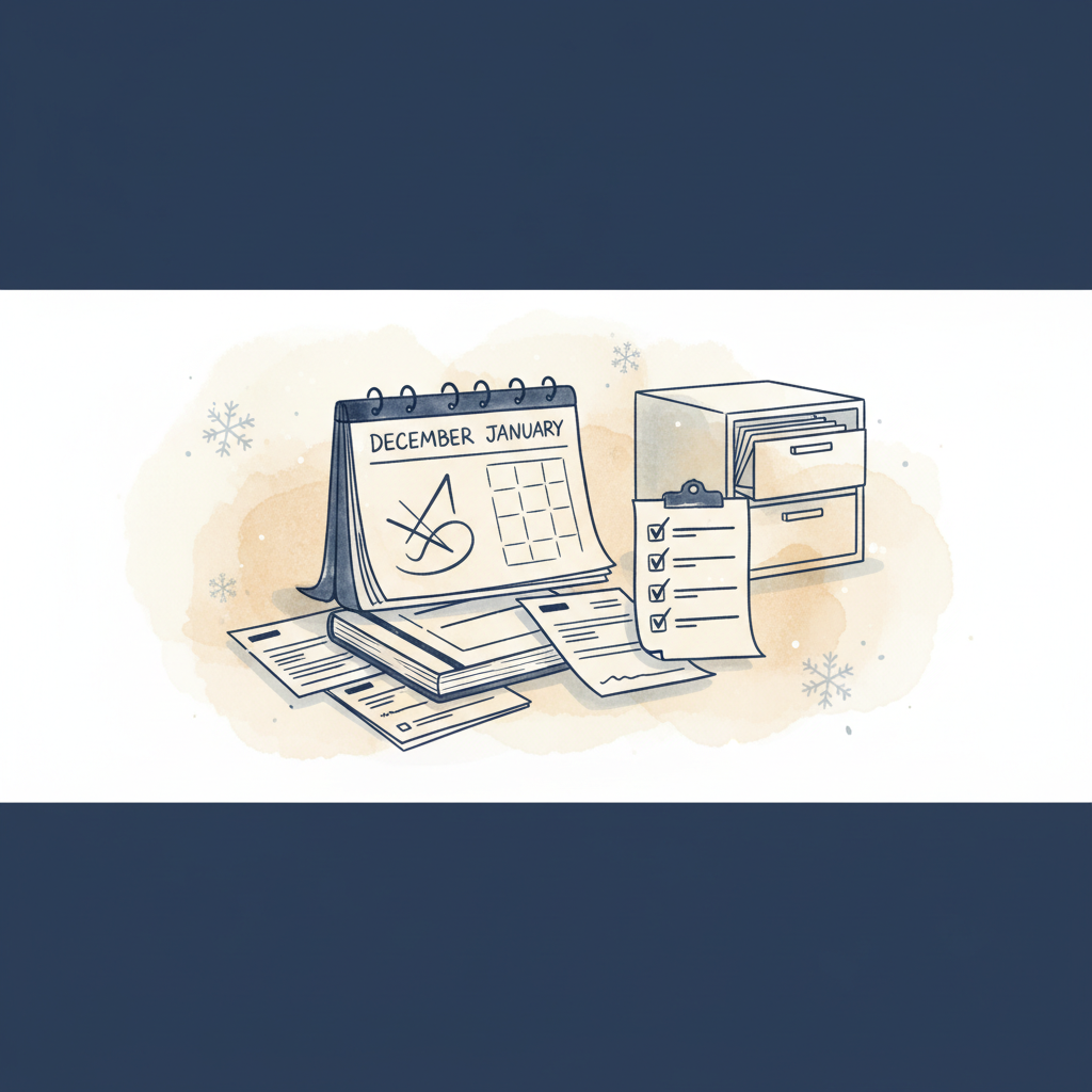 Watercolour illustration of year-end accounting checklist and filing